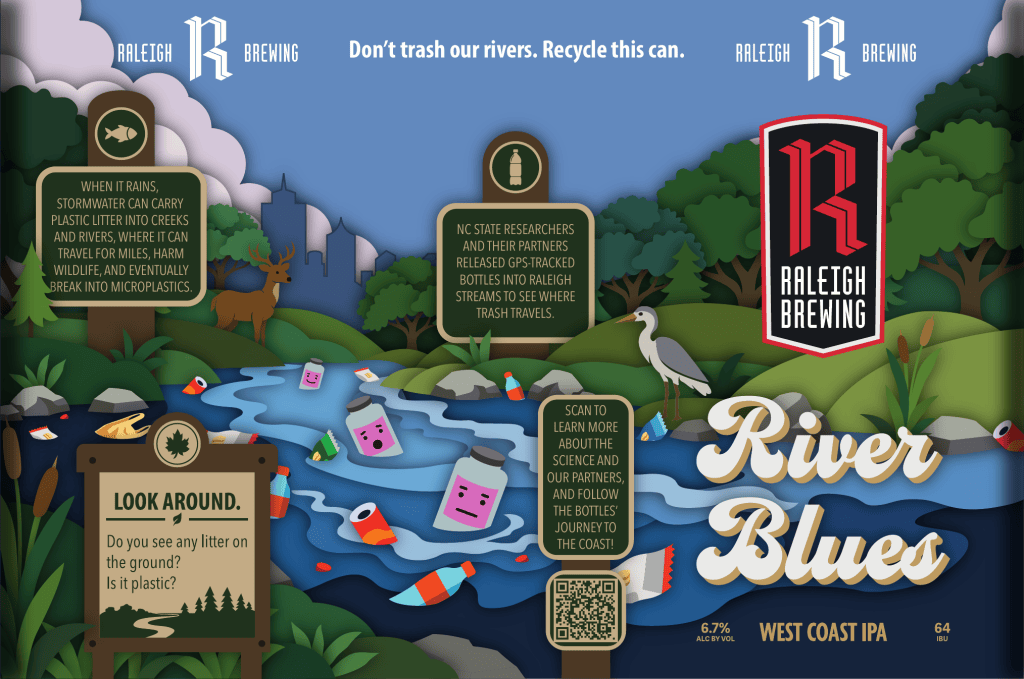 River Blues West Coast IPA can label with a papercraft river scene, from Raleigh Brewing Company in Raleigh NC